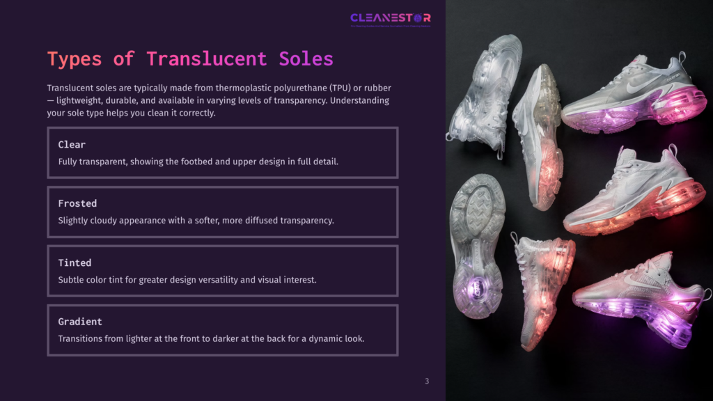 3 Types Of Translucent Soles Four Pairs Of Translucent Athletic Shoes With Glowing, Colorful Soles In Pink, Purple, And Orange. The Shoes Are Displayed On A Dark Background, Showcasing Clear, Frosted, Tinted, And Gradient Sole Types.