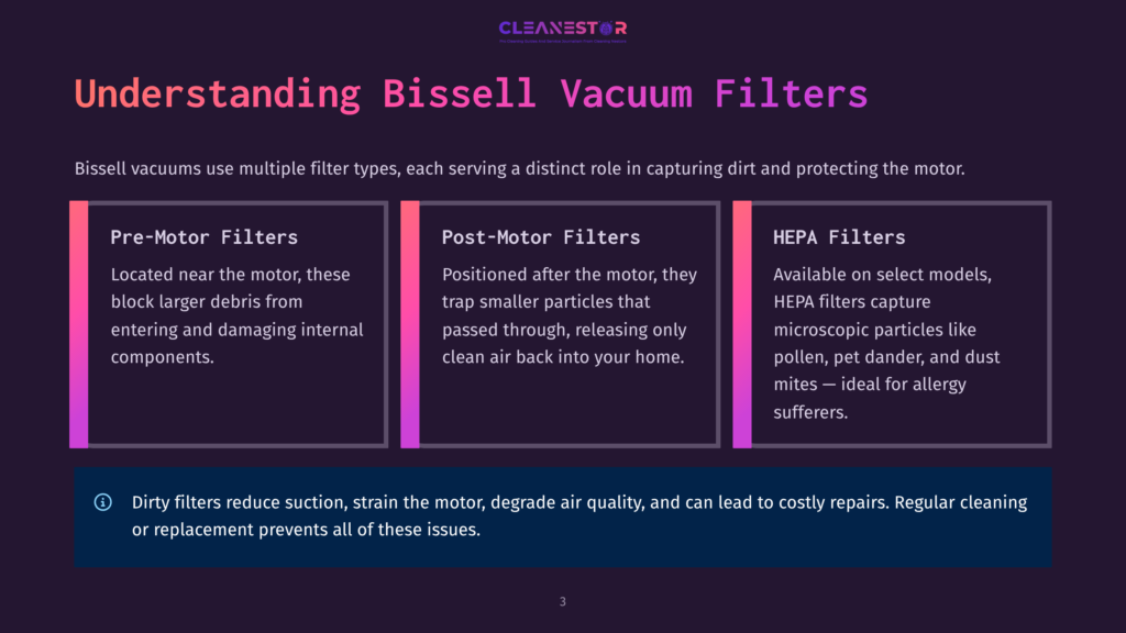 Infographic Titled &Quot;Understanding Bissell Vacuum Filters&Quot; Explaining Pre-Motor, Post-Motor, And Hepa Filters With Descriptions And Icons.