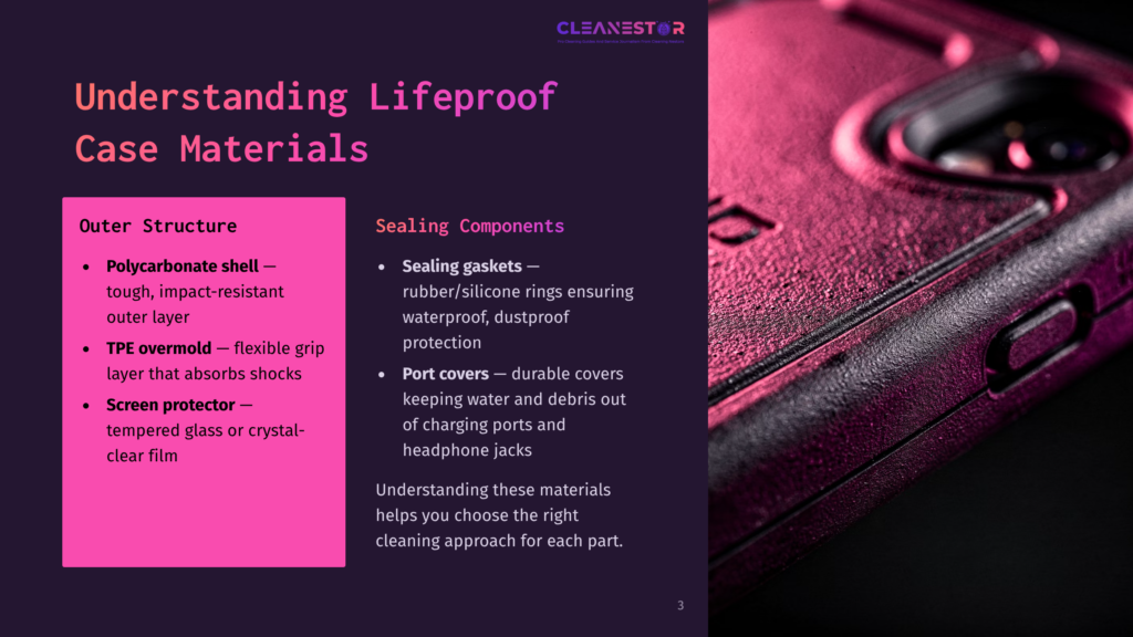 Close-Up Of A Textured, Dark Pink Phone Case With A Prominent Raised Pattern, Suggesting Rugged Protection. Text On The Left Side Details &Quot;Understanding Lifeproof Case Materials&Quot; Including &Quot;Polycarbonate Shell,&Quot; &Quot;Tpe Overmold,&Quot; And &Quot;Screen Protector.