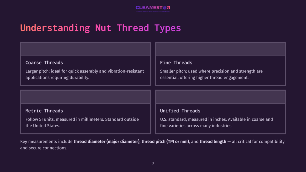 3 Understanding Nut Thread Types An Infographic Titled &Quot;Understanding Nut Thread Types&Quot; Details Coarse, Fine, Metric, And Unified Threads, Explaining Their Pitch And Applications.