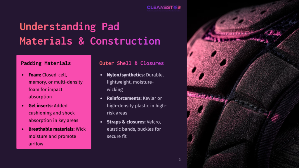 3 Understanding Pad Materials And Construction Close-Up Of Protective Padding, Showing Its Layered Construction With Foam, Gel Inserts, And Breathable Materials. Text On The Left Details &Quot;Padding Materials&Quot; Including &Quot;Foam,&Quot; &Quot;Gel Inserts,&Quot; And &Quot;Breathable Materials.