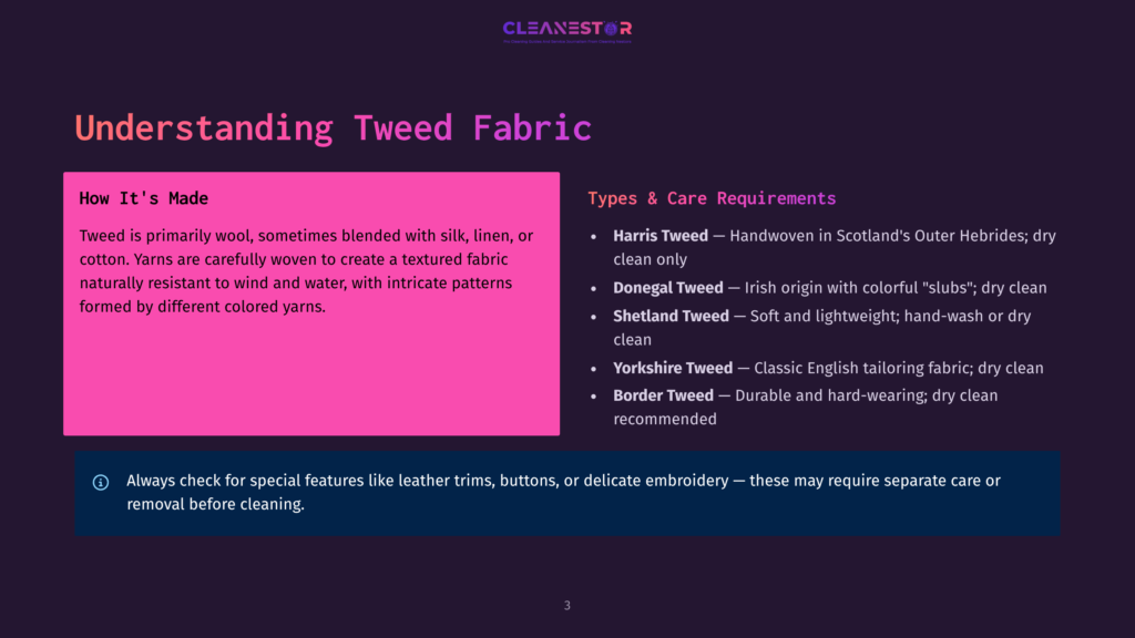 Cleanestor Presentation Slide Explaining Tweed Fabric, With Sections On &Quot;How It'S Made&Quot; And &Quot;Types &Amp; Care Requirements.