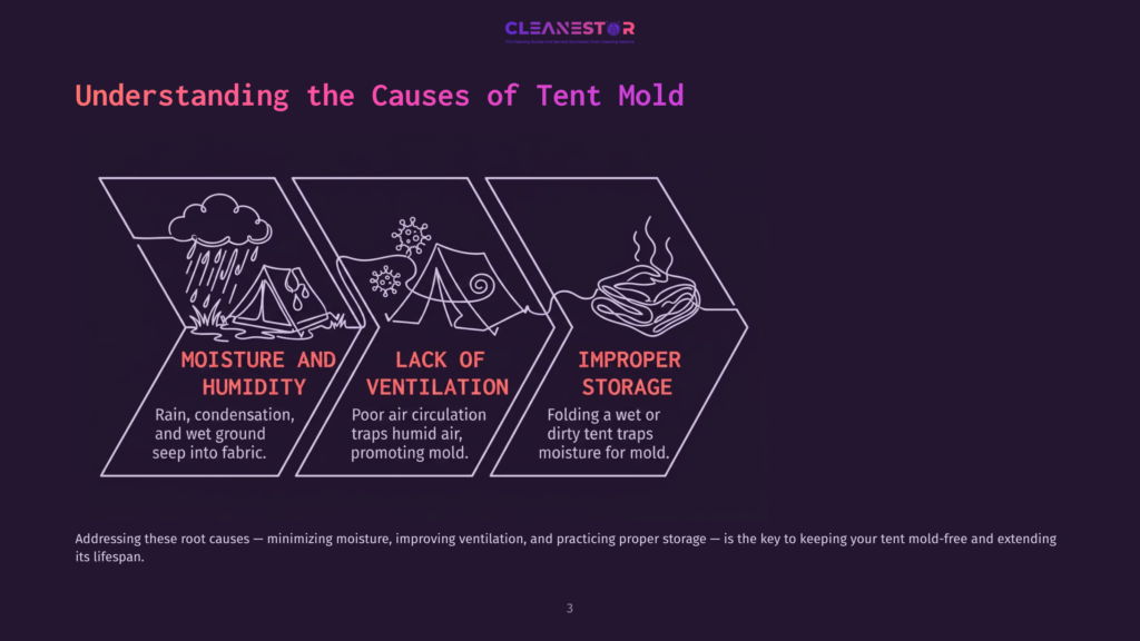 Diagram Titled &Quot;Understanding The Causes Of Tent Mold&Quot; Showing Three Illustrated Causes: Moisture And Humidity (Rain Over A Tent), Lack Of Ventilation (A Stuffy Tent), And Improper Storage (A Folded, Damp Tent). The Text Explains How These Factors Lead To Tent Mold.