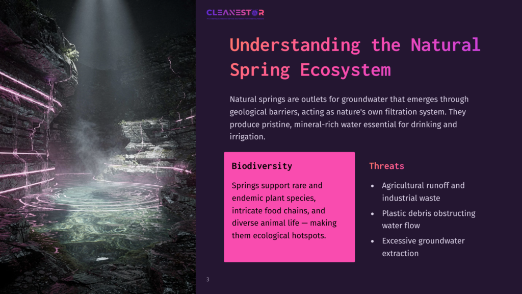 A Glowing, Ethereal Natural Spring Emerges From A Rocky Cavern, Illuminated By Neon Pink Light. The Water Pool Reflects The Mystical Atmosphere, With The Text &Quot;Cleanestor&Quot; Visible At The Top.