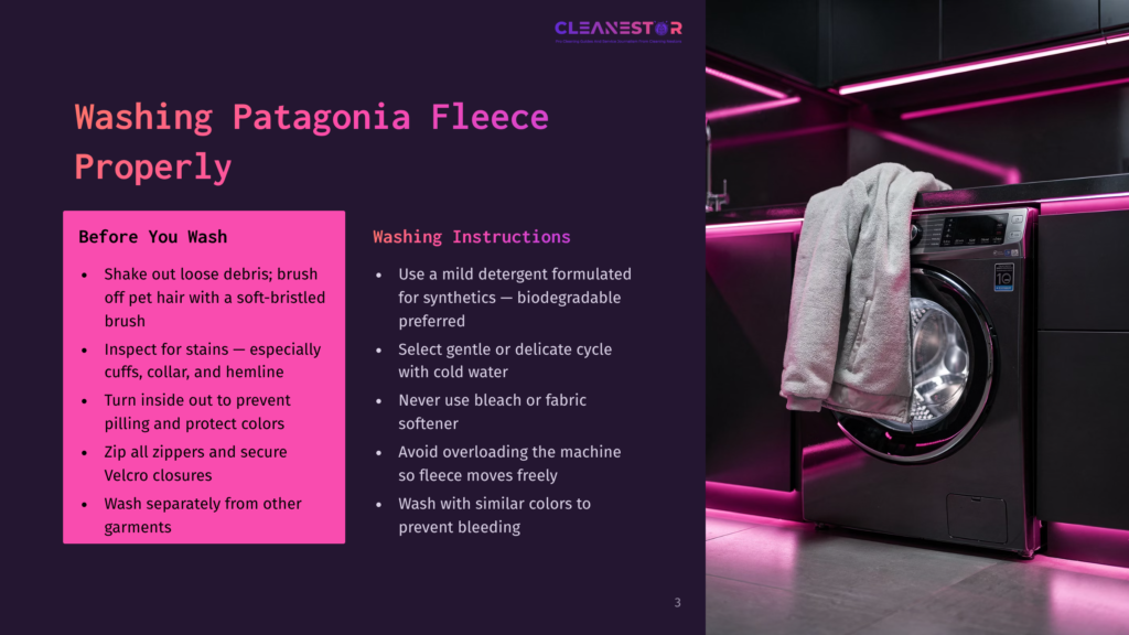 3 Washing Patagonia Fleece Properly Washing Patagonia Fleece: Instructions On A Pink Card Next To A Modern Washing Machine With A Grey Fleece Blanket Inside, Illuminated By Neon Pink Lights.
