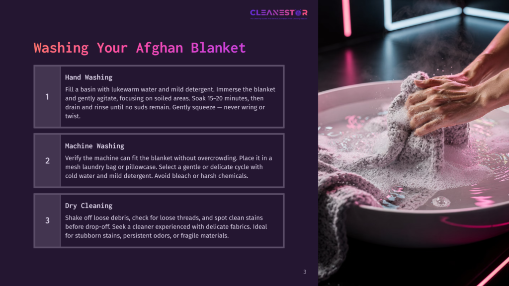 Close-Up Of Hands Washing A Textured Grey Blanket In A Clear Basin Of Soapy Water. Instructions For Washing Afghan Blankets Are Displayed On A Dark Background To The Left.
