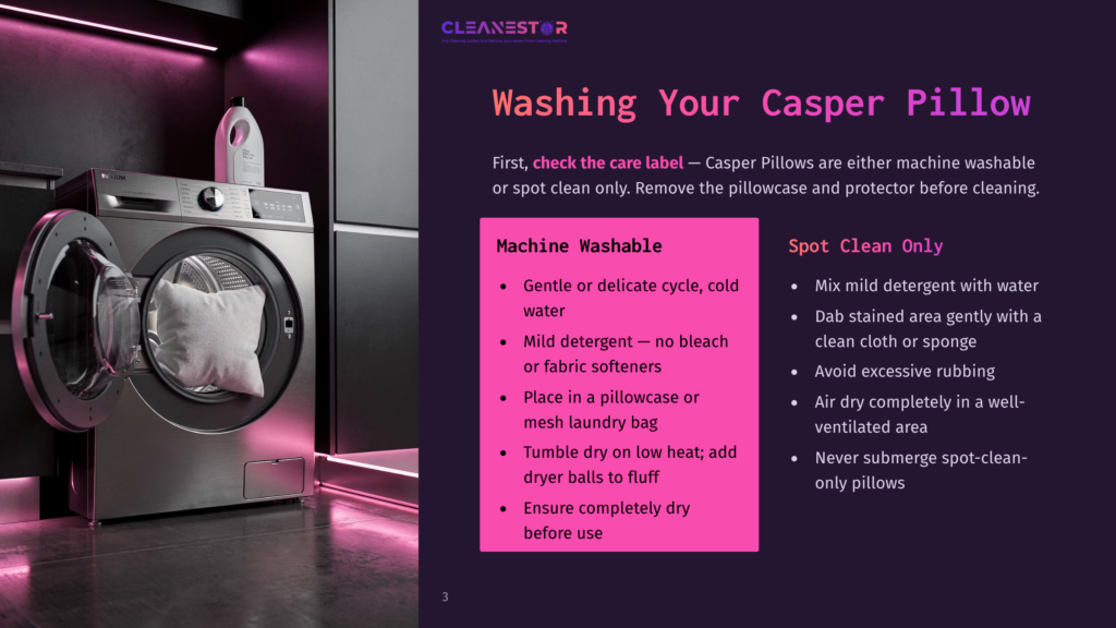 A White Casper Pillow Is Placed In An Open Washing Machine, Ready For Washing, With A Bottle Of Detergent Nearby. The Image Is From A &Quot;Cleanestor&Quot; Guide On Washing Casper Pillows.
