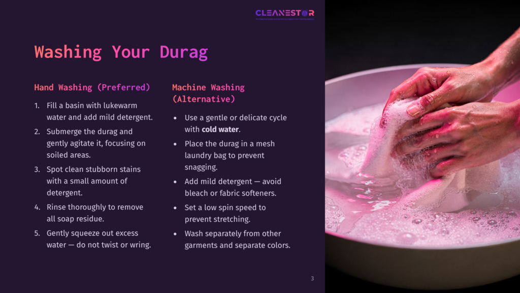 Close-Up Of Hands Washing A Durag In A Basin Of Foamy, Pink-Tinted Water. The Text &Quot;Cleanestor&Quot; Is Visible At The Top.