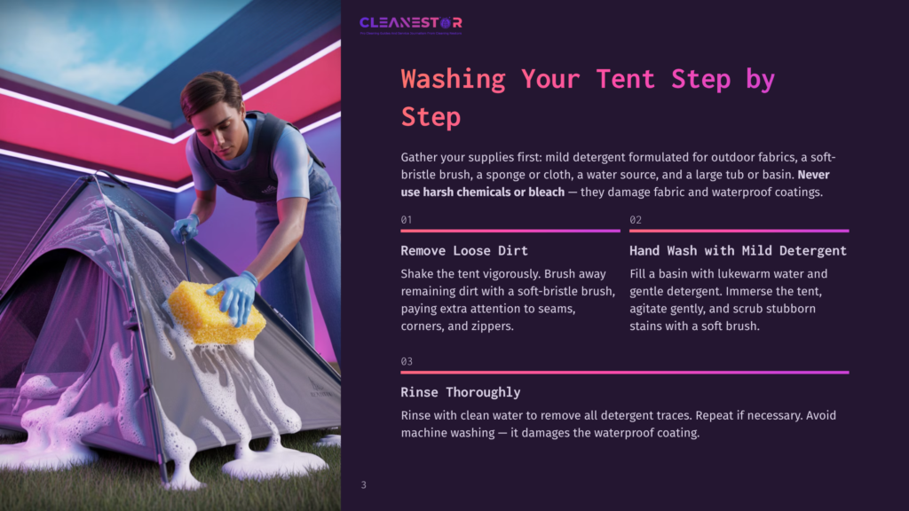 Man Washes A Tent With A Sponge, Creating Suds, In A Brightly Lit Outdoor Setting With Purple And Pink Lighting.