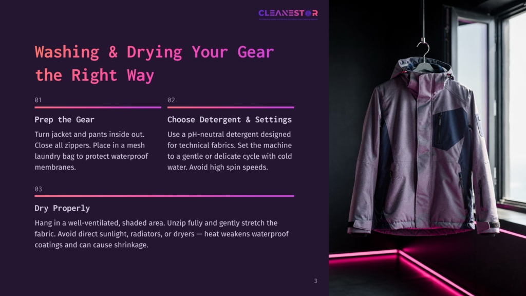 3 Washing And Drying Your Gear The Right Way Close-Up Of A Purple And Grey Waterproof Ski Jacket Hanging On A Rack, With Water Droplets On The Fabric. Text Overlay Provides Instructions On Washing And Drying Gear.
