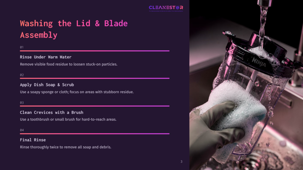 A Hand In A Blue Glove Scrubs A Clear Blender Lid With A Sponge, Creating A Lot Of White Foam Under Running Water. The Text &Quot;Cleanestar&Quot; Is Visible At The Top.