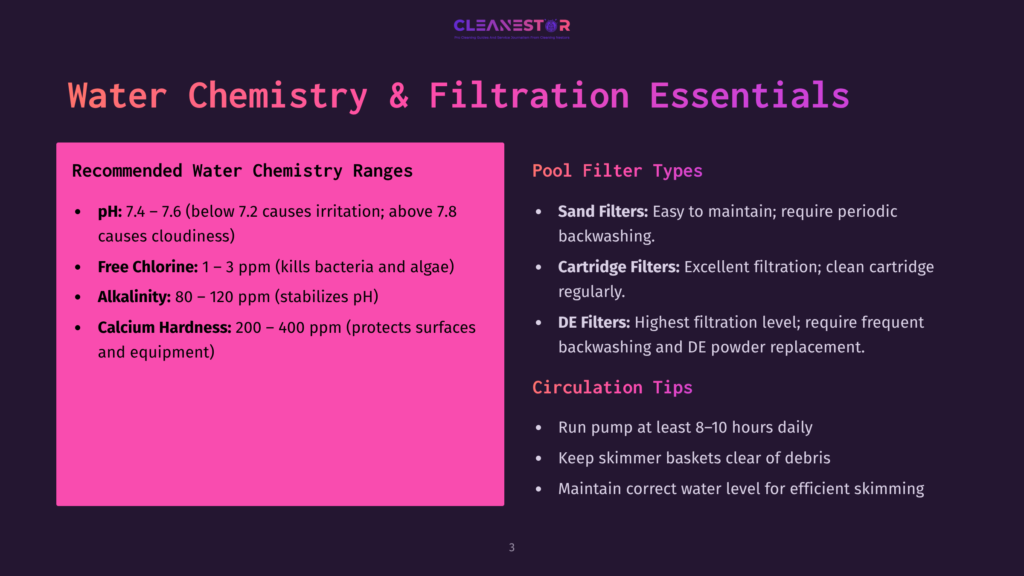 Infographic Detailing Recommended Water Chemistry Ranges For Pools: Ph 7.4-7.6, Free Chlorine 1-3 Ppm, Alkalinity 80-120 Ppm, Calcium Hardness 200-400 Ppm. Also Lists Pool Filter Types: Sand, Cartridge, And De Filters, With Circulation Tips.