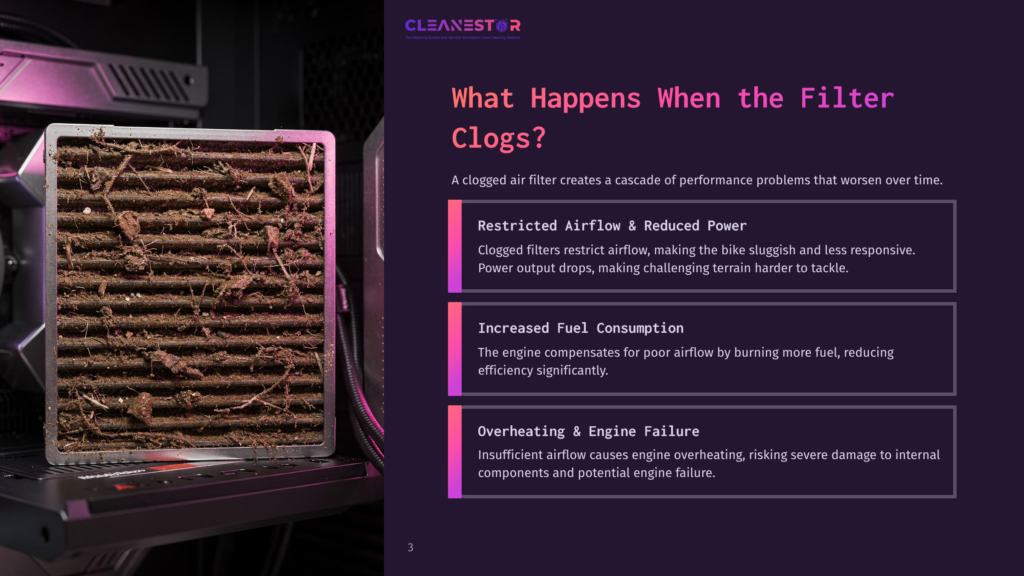 A Very Dirty, Clogged Air Filter Sits On A Dark Surface, With A Presentation Slide In The Background Detailing &Quot;What Happens When The Filter Clogs?