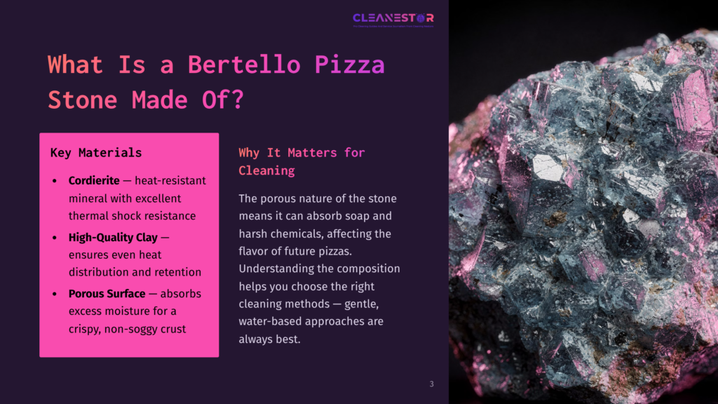Close-Up Of A Rough, Crystalline Bertello Pizza Stone With Shimmering Blue And Pink Mineral Inclusions, Showcasing Its Natural, Porous Texture.