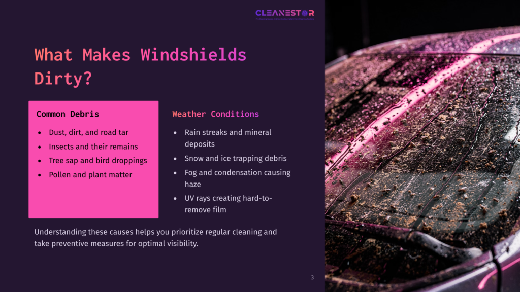 3 What Makes Windshields Dirty Close-Up Of A Car Windshield Covered In Dirt, Dust, Pollen, And Water Spots, With Pink And Purple Lighting Reflecting Off The Glass. Text Overlay Reads &Quot;Cleanestor&Quot; And &Quot;What Makes Windshields Dirty?&Quot;.
