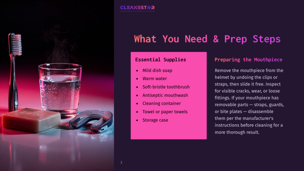 A Toothbrush, Bar Of Soap, And A Mouthguard Sit Near A Steaming Glass Of Water, With Cleaning Supplies Listed On A Pink Background. Text Reads &Quot;Cleanestor&Quot; And &Quot;What You Need &Amp; Prep Steps.