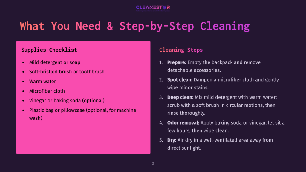 An Infographic Titled &Quot;What You Need &Amp; Step-By-Step Cleaning&Quot; Displays A Pink And Purple Background With A Checklist Of Supplies On The Left And Five Numbered Cleaning Steps On The Right. The Checklist Includes Mild Detergent Or Soap, A Soft-Bristled Brush Or Toothbrush, Warm Water, A Microfiber Cloth, And Optionally Vinegar Or Baking Soda And A Plastic Bag Or Pillowcase. The Steps Include Preparing The Backpack By Emptying It And Removing Detachable Accessories, Spot Cleaning With A Microfiber Cloth, Deep Cleaning With Mild Detergent And A Soft Brush, Odor Removal With Baking Soda Or Vinegar, And Drying In A Well-Ventilated Area.