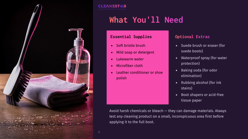 A Cleaning Brush, Microfiber Cloth, And Bottle Of Liquid Sit On A Wet Wooden Surface, With A Pink Graphic Overlay Listing &Quot;What You'Ll Need&Quot; For Cleaning, Including &Quot;Soft Bristle Brush,&Quot; &Quot;Mild Soap Or Detergent,&Quot; And &Quot;Lukewarm Water.