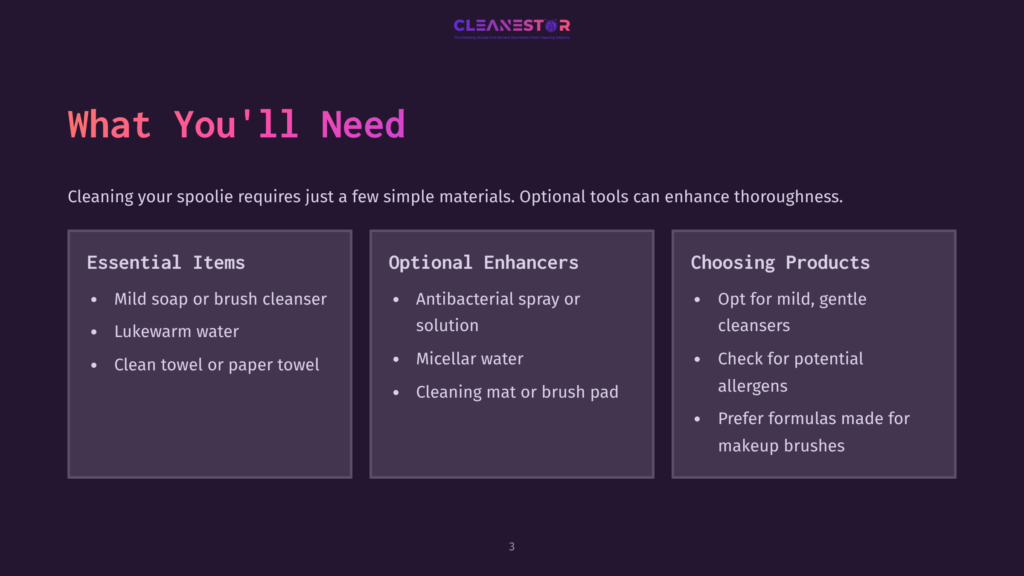 A Dark Purple Slide Titled &Quot;What You'Ll Need&Quot; Lists Essential Items And Optional Enhancers For Cleaning Makeup Brushes, Including Mild Soap, Water, And A Clean Towel.