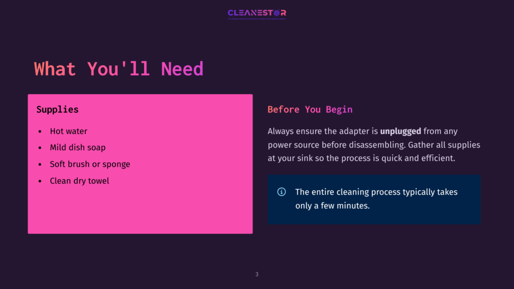 3 What Youll Need 3 Dark Background With &Quot;Cleanestor&Quot; Logo At The Top. Left Side Lists &Quot;Supplies&Quot; With Bullet Points: Hot Water, Mild Dish Soap, Soft Brush Or Sponge, Clean Dry Towel. Right Side Heading &Quot;Before You Begin&Quot; With Text About Unplugging And Gathering Supplies For A Quick And Efficient Cleaning Process.