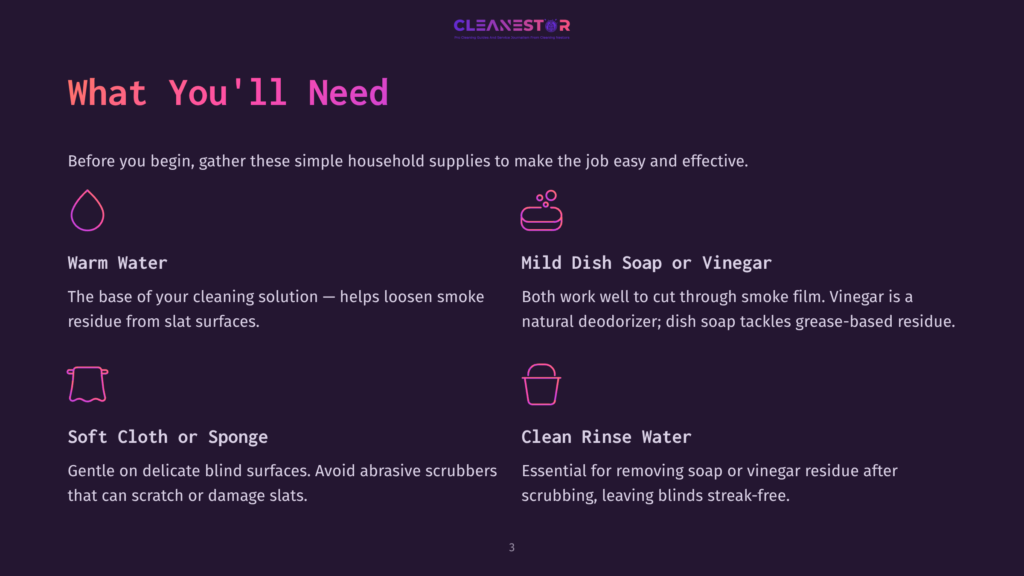 Illustration Of Cleaning Supplies Needed For Blinds: Warm Water, Mild Dish Soap Or Vinegar, Soft Cloth Or Sponge, And Clean Rinse Water. Text Lists &Quot;What You'Ll Need&Quot; And Details Each Item.
