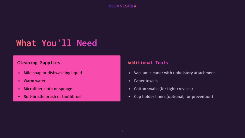 A Dark Purple Background With A Pink Rectangle On The Left Listing Cleaning Supplies: Mild Soap, Warm Water, Microfiber Cloth, And Soft-Bristle Brush. On The Right, &Quot;Additional Tools&Quot; Are Listed: Vacuum Cleaner, Paper Towels, Cotton Swabs, And Cup Holder Liners.