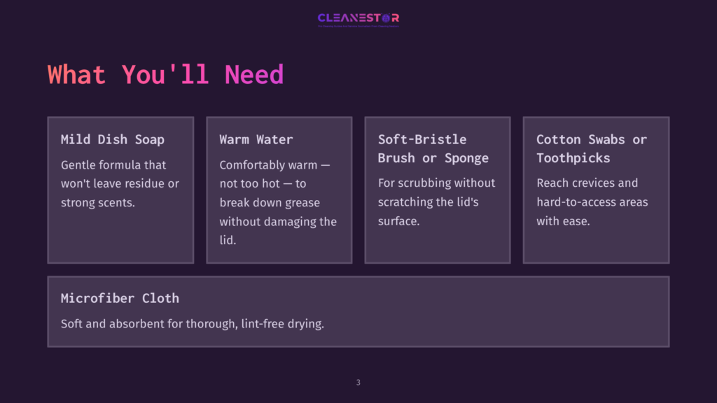 A Graphic Displaying Cleaning Supplies For A Lid, Including Mild Dish Soap, Warm Water, A Soft-Bristle Brush Or Sponge, Cotton Swabs Or Toothpicks, And Microfiber Cloth.