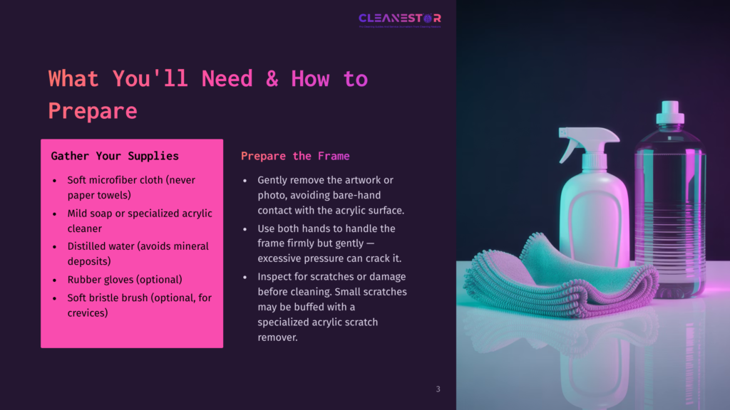 Cleanestor Logo At The Top, With A Dark Background And Neon Accents. The Image Shows Cleaning Supplies: A White Spray Bottle, A Clear Bottle With A Blue Liquid, And Folded Microfiber Cloths In Teal And Pink. The Text &Quot;What You'Ll Need &Amp; How To Prepare&Quot; Is Prominent.