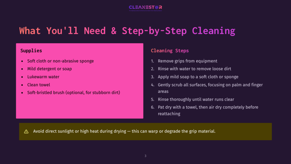 A Dark Background With A Bright Pink Section Listing Cleaning Supplies: Soft Cloth, Mild Detergent, And A Soft-Bristled Brush. To The Right, White Text Outlines Cleaning Steps, Including Rinsing And Patting Dry.