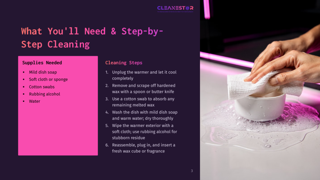 Close-Up Of Hands Cleaning A White Wax Cube With A Cloth, Surrounded By Soapy Water. Text Overlay: &Quot;What You'Ll Need &Amp; Step-By-Step Cleaning&Quot;.