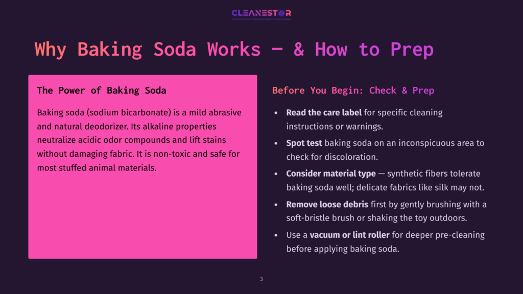 A Slide Titled &Quot;Why Baking Soda Works - &Amp; How To Prep&Quot; With Two Sections: &Quot;The Power Of Baking Soda&Quot; And &Quot;Before You Begin: Check &Amp; Prep.&Quot; The Left Side Details Baking Soda'S Cleaning Properties, While The Right Lists Steps Like Spot Testing And Using A Vacuum.