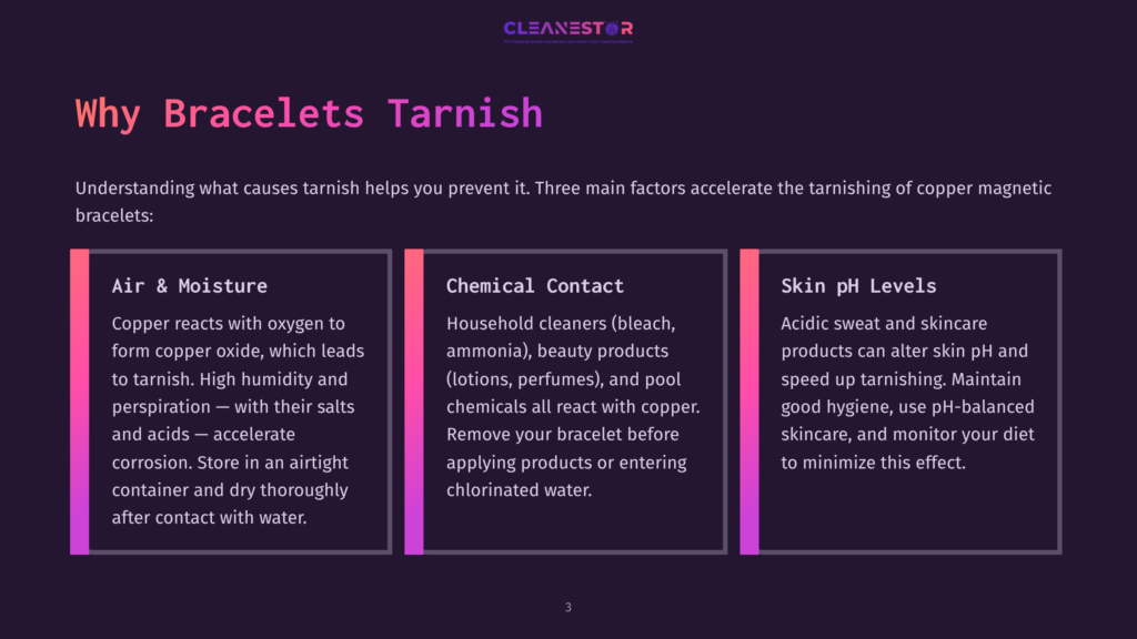 Infographic On Why Bracelets Tarnish, With Sections On Air And Moisture, Chemical Contact, And Skin Ph Levels. The Background Is A Dark Purple, And The Text Is White And Pink.