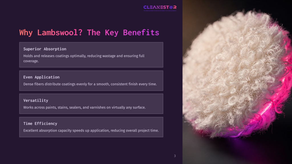 Close-Up Of A Fluffy White Lambswool Polishing Pad With Pink And Purple Neon Lights Reflecting On Its Fibers. Text Overlay: &Quot;Cleanestar&Quot;, &Quot;Why Lambswool? The Key Benefits&Quot;, &Quot;Superior Absorption&Quot;, &Quot;Even Application&Quot;, &Quot;Versatility&Quot;, &Quot;Time Efficiency&Quot;.