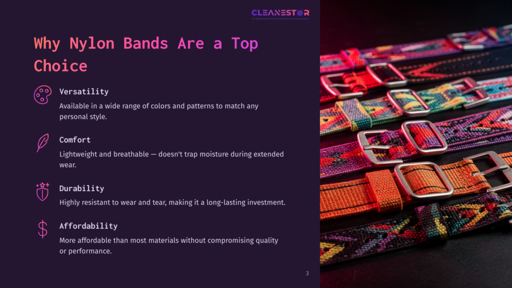 Close-Up Of Colorful, Woven Nylon Watch Bands In Vibrant Patterns And Colors, Featuring Metal Buckles, On A Dark Background. Text Reads &Quot;Cleanestor&Quot; And &Quot;Why Nylon Bands Are A Top Choice.