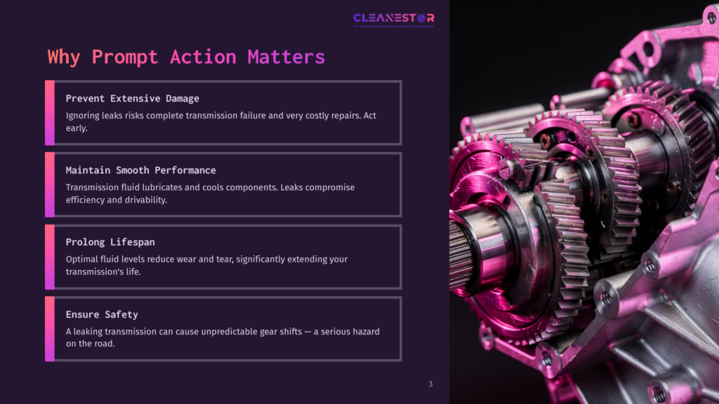 Close-Up Of A Complex, Intricate Transmission Gearbox With Shiny Metal Gears And A Pinkish-Purple Lighting Effect. Text Overlay Reads &Quot;Cleanestor&Quot; And &Quot;Why Prompt Action Matters&Quot;.