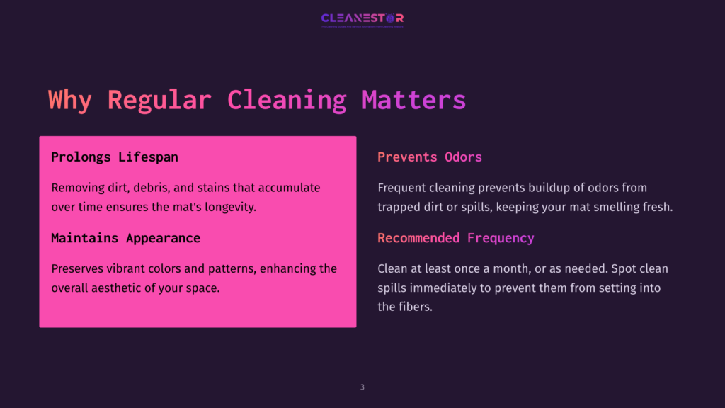 Dark Purple Background With A Pink And Purple Graphic Titled &Quot;Cleanestor Pro Cleaning Services&Quot;. Text Highlights &Quot;Why Regular Cleaning Matters&Quot;, Detailing Benefits Like &Quot;Prolongs Lifespan&Quot; And &Quot;Maintains Appearance&Quot;, And &Quot;Prevents Odors&Quot; With A &Quot;Recommended Frequency&Quot; Of At Least Once A Month.