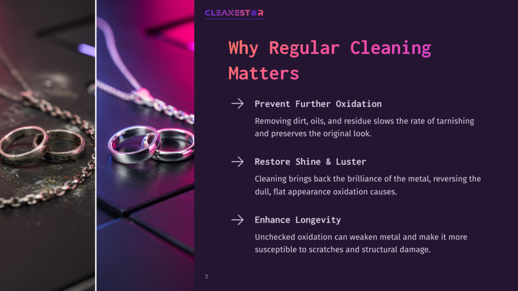 3 Why Regular Cleaning Matters 4 Close-Up Of Two Silver Rings And A Delicate Silver Necklace On A Dark, Textured Surface, With A Vibrant Purple And Pink Glow In The Background. Text Overlay Reads &Quot;Cleanestor: Why Regular Cleaning Matters&Quot;.