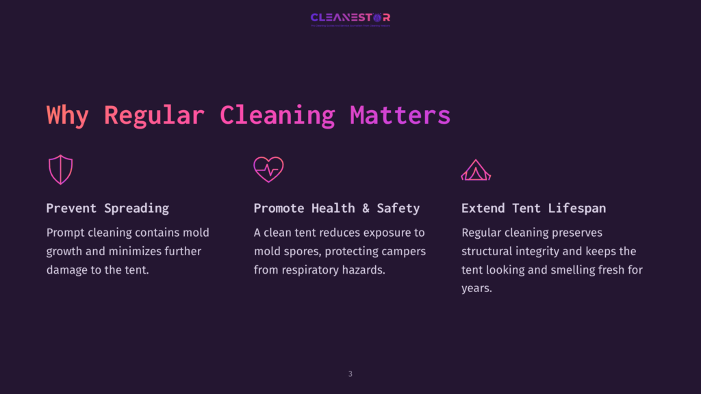 Dark Background With The Cleanestar Logo At The Top. The Text &Quot;Why Regular Cleaning Matters&Quot; Is Prominent, Followed By Three Icon-Based Sections: A Shield For &Quot;Prevent Spreading,&Quot; A Heart With A Pulse For &Quot;Promote Health &Amp; Safety,&Quot; And A Tent Shape For &Quot;Extend Tent Lifespan,&Quot; Each With Descriptive Text Below.