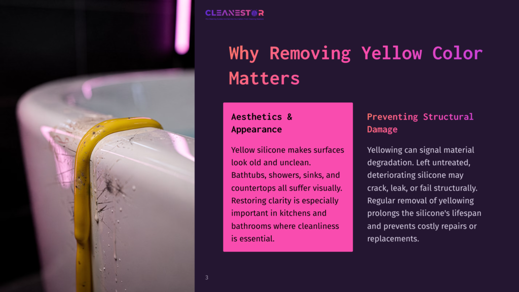 Close-Up Of A Yellow Silicone Seal On A White Bathtub, Showing Signs Of Yellowing And Grime. Text Overlay Reads &Quot;Cleanestor&Quot; And &Quot;Why Removing Yellow Color Matters&Quot;.