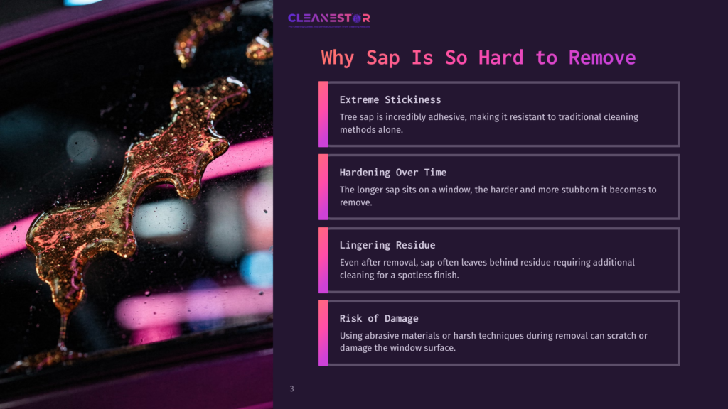 Close-Up Of Sticky, Amber Tree Sap On A Dark Purple Car Window, With Text Overlay &Quot;Why Sap Is So Hard To Remove&Quot;.
