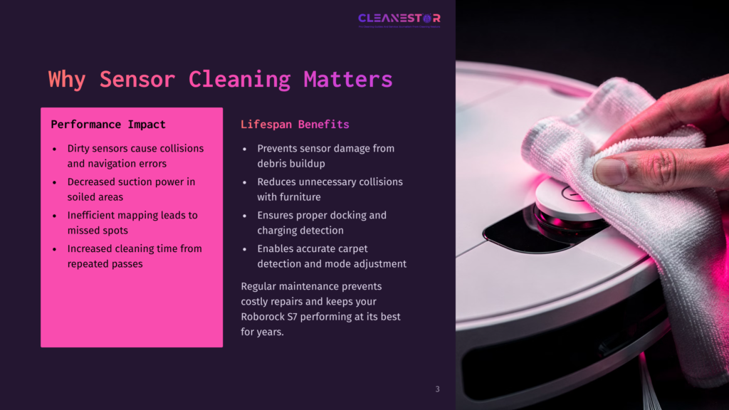 Close-Up Of A Hand Wiping A Robot Vacuum Cleaner'S Sensor With A White Microfiber Cloth. Text Overlay Reads: &Quot;Cleanestor&Quot; And &Quot;Why Sensor Cleaning Matters&Quot;.