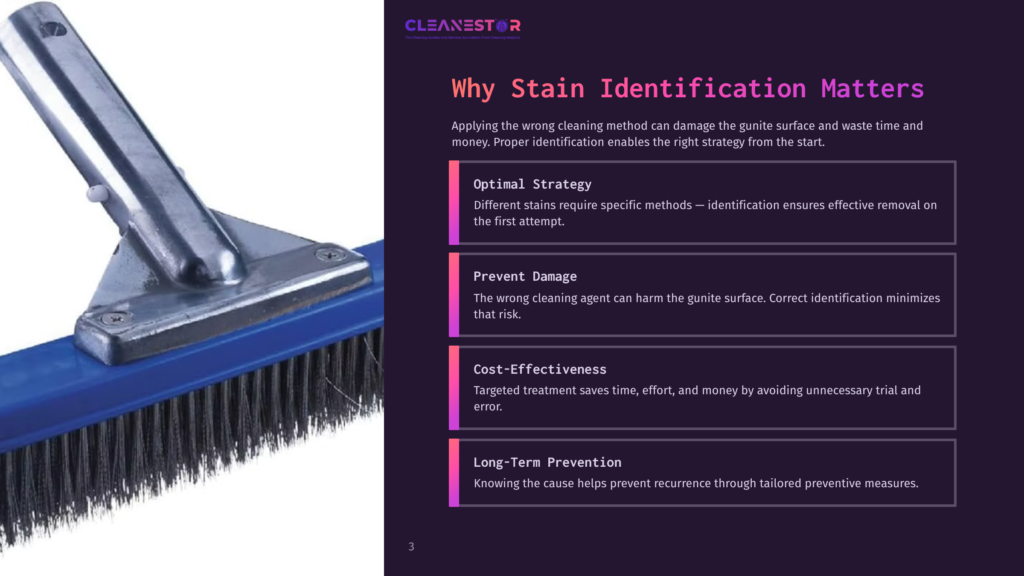Close-Up Of A Blue-Handled Cleaning Brush With Metal Bristles, Angled Diagonally On A Dark Purple Background. Text Overlay Reads &Quot;Cleanestor&Quot; And &Quot;Why Stain Identification Matters&Quot;.