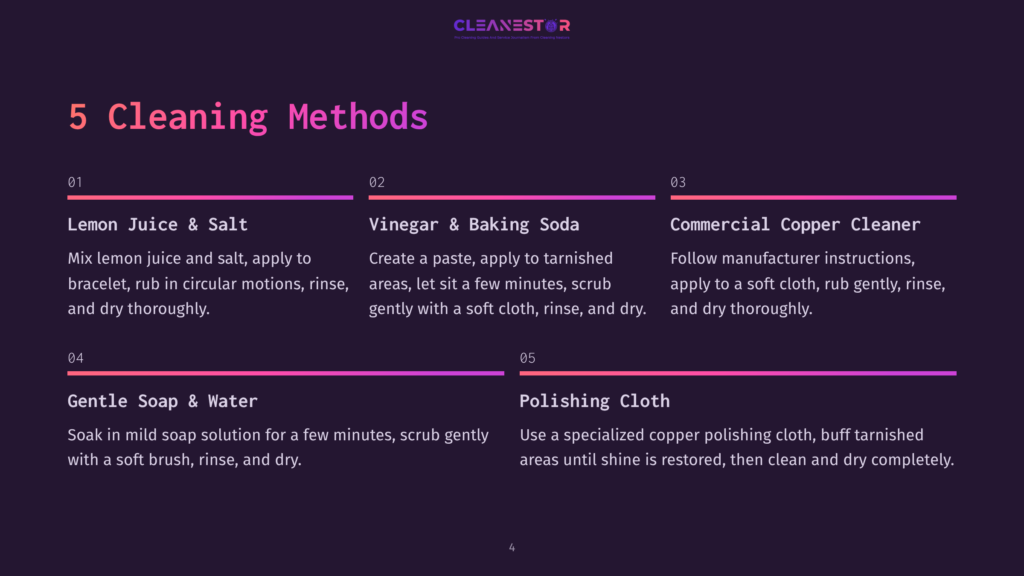 Infographic Titled &Quot;Cleaning Methods,&Quot; Detailing Five Ways To Clean And Polish Copper, Including Lemon Juice &Amp; Salt, Vinegar &Amp; Baking Soda, Commercial Copper Cleaner, Gentle Soap &Amp; Water, And Polishing Cloth.