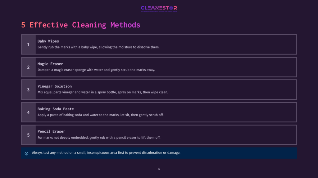 Infographic Titled &Quot;5 Effective Cleaning Methods&Quot; Listing Baby Wipes, Magic Eraser, Vinegar Solution, Baking Soda Paste, And Pencil Eraser As Cleaning Solutions.
