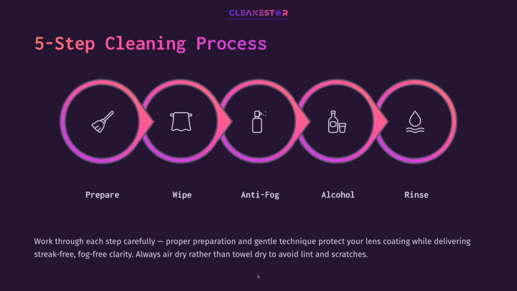 Infographic Illustrating The &Quot;5-Step Cleaning Process&Quot; For Lenses: Prepare, Wipe, Anti-Fog, Alcohol, Rinse. The Steps Are Depicted With Icons In A Circular Flow.