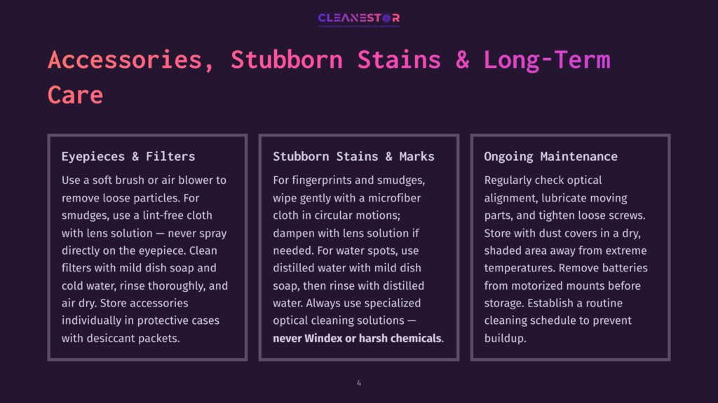 Three Columns Of Text On A Dark Purple Background. The Title &Quot;Accessories, Stubborn Stains &Amp; Long-Term Care&Quot; Is In Large White Font. The Columns Are Titled &Quot;Eyepieces &Amp; Filters&Quot;, &Quot;Stubborn Stains &Amp; Marks&Quot;, And &Quot;Ongoing Maintenance&Quot;.