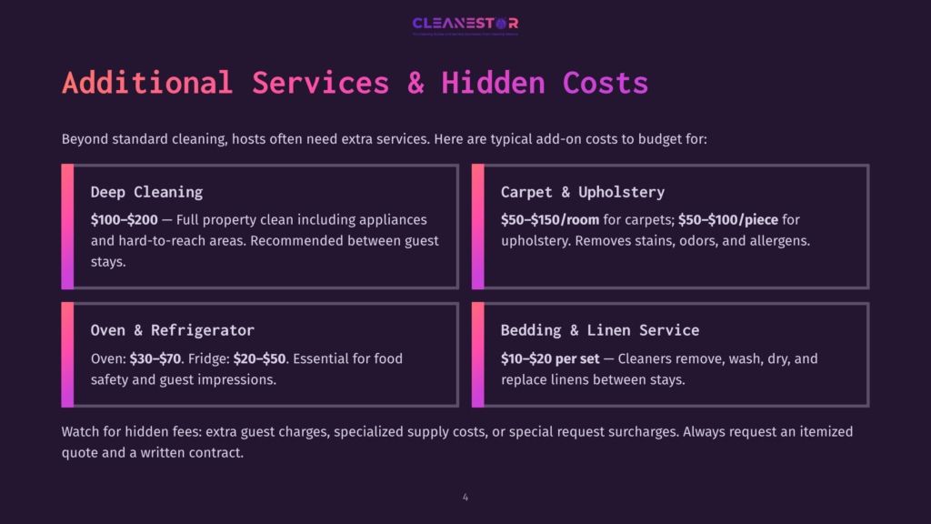 4 Additional Services And Hidden Costs A Dark Purple Graphic Displays &Quot;Cleanestor&Quot; Logo And &Quot;Additional Services &Amp; Hidden Costs&Quot; Title. Four Sections Detail Services: Deep Cleaning, Carpet &Amp; Upholstery, Oven &Amp; Refrigerator, And Bedding &Amp; Linen Service, With Pricing Information.