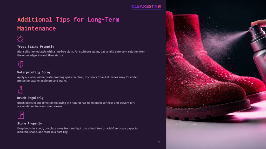 Close-Up Of Rich Red Suede Boots Being Sprayed With A Waterproofing Spray, With Water Droplets Visible On The Material. Text Overlay Offers Long-Term Maintenance Tips.