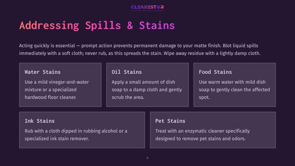 4 Addressing Spills And Stains Cleanestor Graphic: &Quot;Addressing Spills &Amp; Stains&Quot; With Sections On Water, Oil, Food, Ink, And Pet Stains, Offering Cleaning Tips.