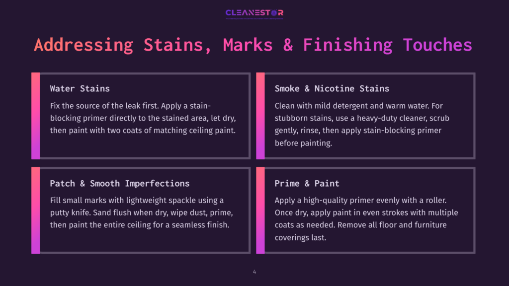 4 Addressing Stains Marks And Finishing Touches Cleanestor Logo At The Top Of A Dark Purple Presentation Slide Titled &Quot;Addressing Stains, Marks &Amp; Finishing Touches.&Quot; The Slide Is Divided Into Four Quadrants Detailing: Water Stains, Smoke &Amp; Nicotine Stains, Patch &Amp; Smooth Imperfections, And Prime &Amp; Paint.